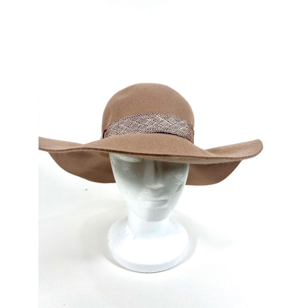 Tan Brown Wide Brim Floppy Hat Metallic Rose Gold Band Felt Boho Fedora Sun Hat